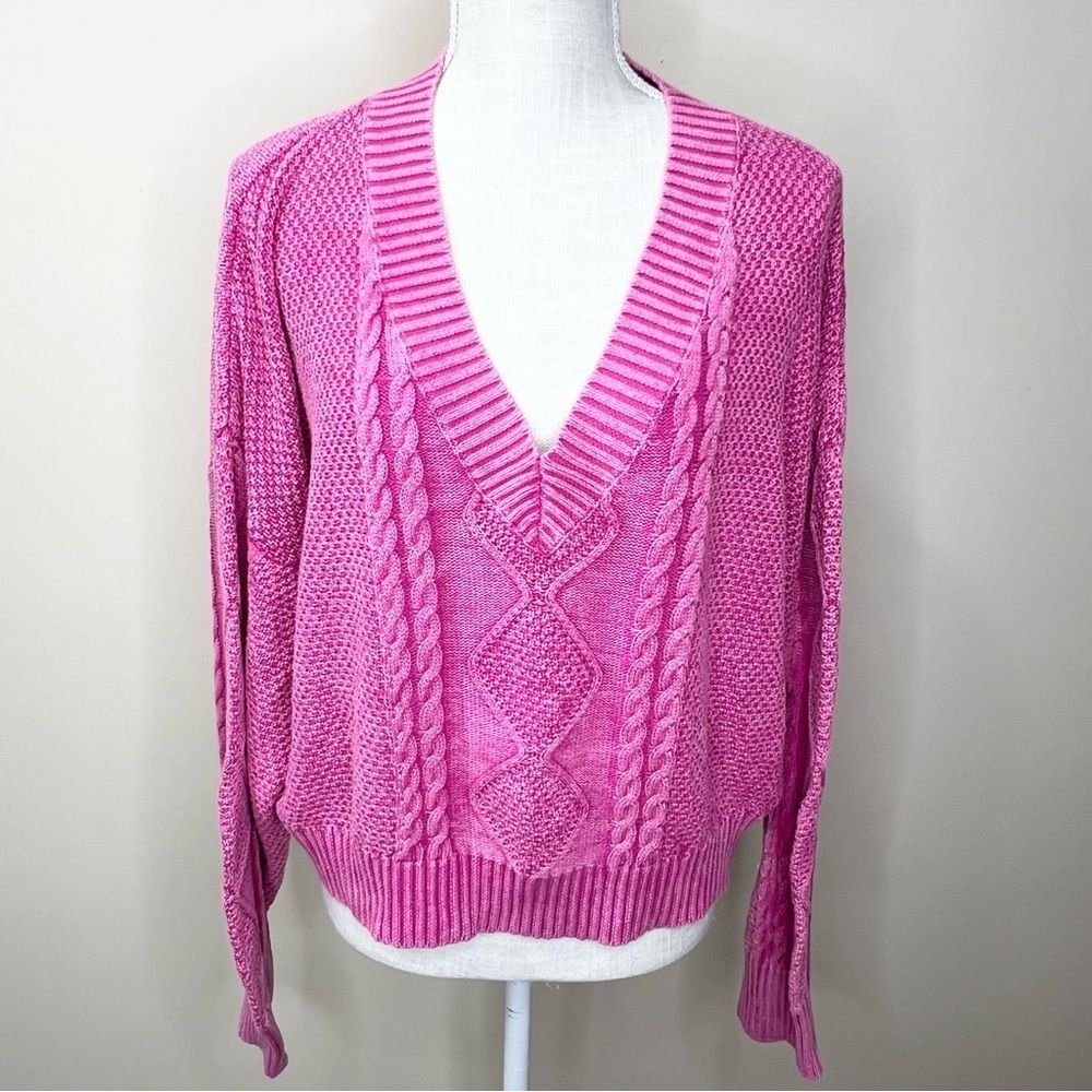 POL Mineral Washed Pink Cable Knit Relaxed Fit Sweater Medium